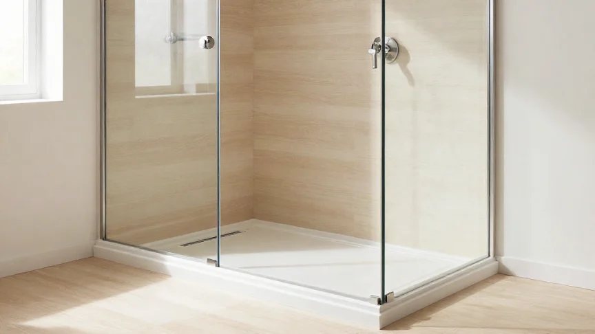Bodengleiche Dusche mit flacher weißer Duschwanne, Glasabtrennung und heller Holzoptik an der Wand