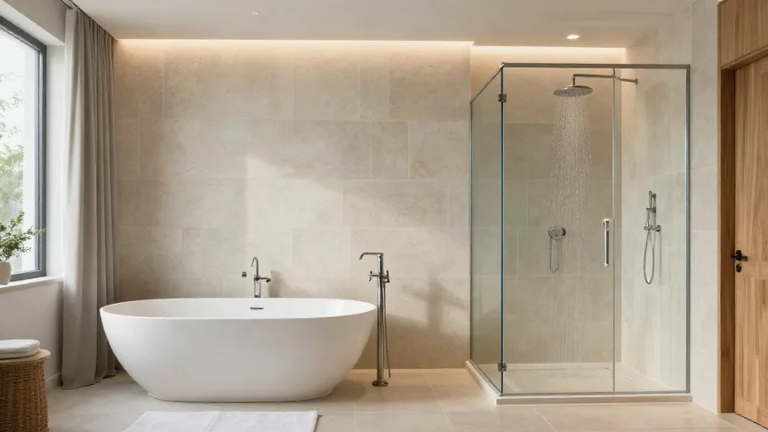 Modernes Wellness-Bad mit freistehender Badewanne, bodengleicher Dusche mit Glasabtrennung und warmen Natursteinfliesen