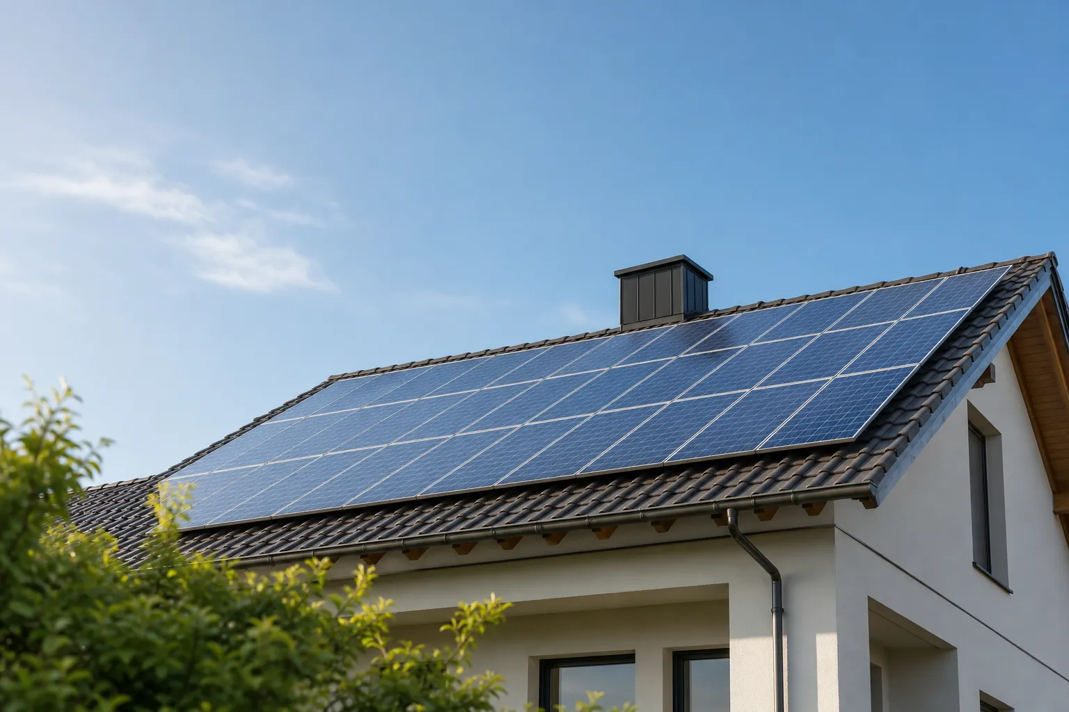 Photovoltaikmodule auf einem Wohnhausdach unter klarem Himmel